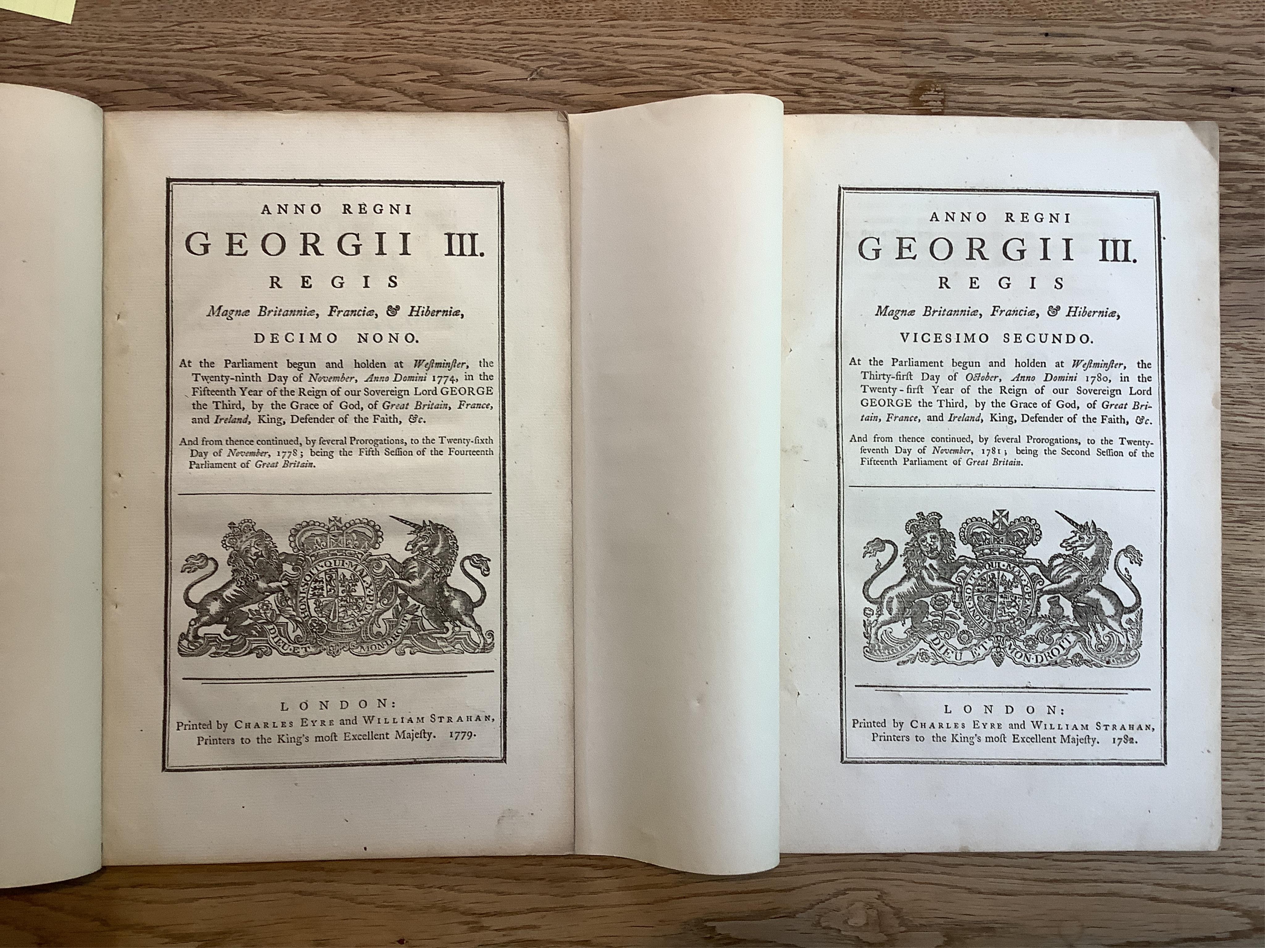 Stamp Acts Etc. Order and Declaration of his Highness The Lord Protector, Feb 8th 1654 p.1-13; George I 1718, p.135-163; George II 1758, p.723-764; George III 1774, p.927-930; 1779, p.415-460; 1782, p.263-294; Rules, Ord